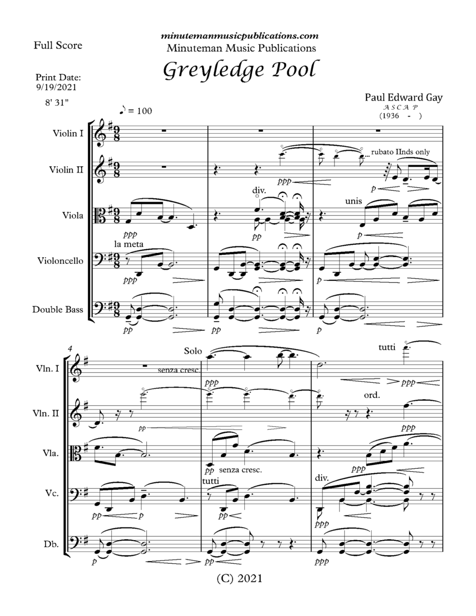 Greyledge Pool for String Orchestra (Full Score and Parts)